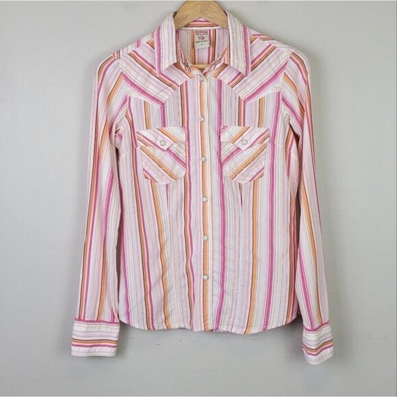 TRUE religion snap pearl button down shirt stripes pink orange western S - Picture 12 of 12
